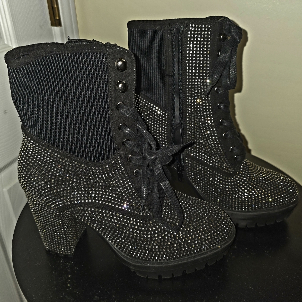 Wild Diva Black Rhinestone Ankle Boots